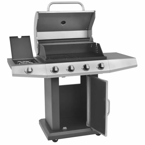 Modern Burner Silver Steel Gas Grill with Wheels, Outdoor Gas Barbecue Grill with Hinge Doors and D-Pull Handles, Spacious Cooking Surface for Large Gatherings
