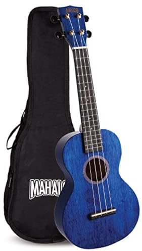 Mahalo Hano Concert Ukulele, Wooden Musical String Instrument with Geared Machine Head & Instrument Case, Beginners Ukulele Concert Kit for Adults, Transparent Blue