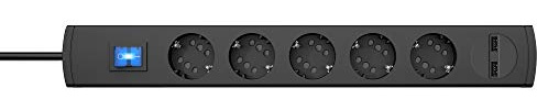 Kopp DUOversal® plus 5-/10-fach Steckdosenleiste 1,4m mit doppelten Steckplätzen + 2x USB-Anschluss + Schalter + Berührungsschutz + großer Abstand + anschraubbar I Anthrazit – 234905003