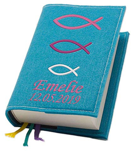 Evangelische Gesangbuchhülle Gesangbuch Fische pink Filz mit Namen bestickt mittlere Ausgabe, Farbe:türkis