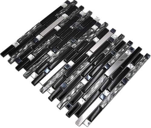 Mosaik Fliese Transluzent Edelstahl schwarz Verbund Glasmosaik Crystal Stahl schwarz Glas für WAND BAD WC, Mattengröße: 298x338 = 0,10 qm, Steingröße: 15x48/98/148x8 mm - 1 Matte