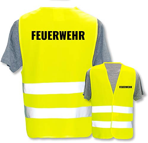 Bedruckte Marken-Warnwesten mit Leuchtstreifen * Standard- o. Reflex-Druck * Einsatzkräfte, Warnweste Begriffe Einsatzkräfte:Feuerwehr, Farbe + Größe:Gelb (XL/XXL)