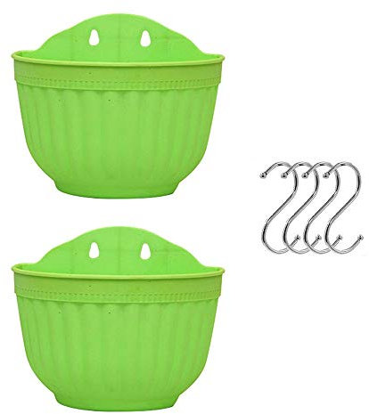 Wankd 2er Set Wandblumentopf - halbrund - Wandampel - Übertopf - Weiss - Draußen & Balkon - with 4 Haken - L 21 x W 12.5 x H 18 cm (Grün)