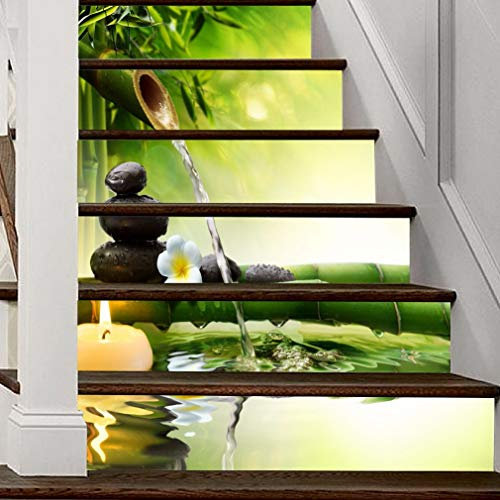 A.Monamour Autocollants d'escalier Auto-adhésifs 3D Bougie Bambou Vert Zen Eau Spa Vinyle Imperméable Sticker Contremarche d'escalier Sticker Carrelage Sticker Mural Autocollant Mural Art Décor DIY