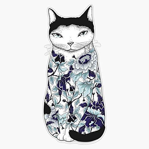 Cat in Blue Peony Tattoo Vinyl Waterproof Sticker Decal Car Laptop Wall Window Bumper Sticker 5