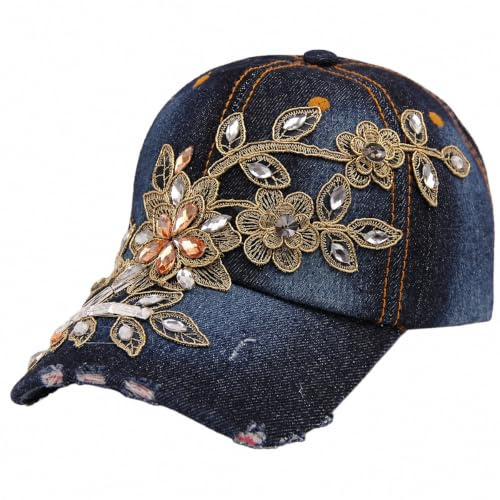 GIVBRO Berretto da baseball Donne Denim Cappello Ricamo Fiore Strass Parasole Cappello Regolabile Sport Casual Cap