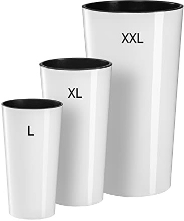 MELTOM Blumenkübel 3er Set Rund Ø 25+29+40 cm Weiß Hochglanz mit Einsatz | Gefäße 21+28,4+76 L, Innentöpfe 9,5+12,5+29,5 L herausnehmbar · Höhen 46,5 / 57 / 75 cm · Innen & Außen · ohne Abflussloch