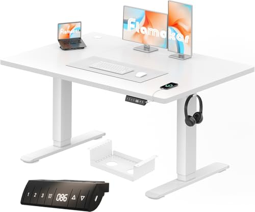 Flamaker Höhenverstellbarer Schreibtisch 120 x 70 cm, Schreibtisch Höhenverstellbar Elektrisch mit Memory Funktion, Computertisch mit Kabelmanagement, Standing Desk, Stehpult, Bürotisch, Weiß