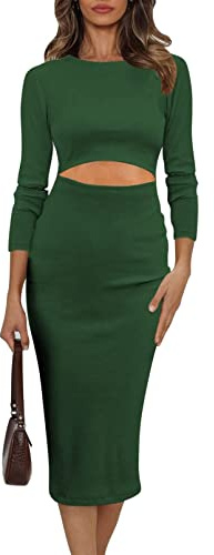 Uusollecy Eleganta långärmade knälånga klänningar för kvinnor, aftonklänningar med urklippning och rund hals, enfärgad, bodycon-midi-klänningar, solid bodycon-klänning, B-grön, M