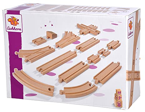 Eichhorn Schienenbahn 100006405 Großes Schienenset, 44 teilig, FSC zertifiziertes Buchenholz, verbaubar mit Anderen Schienenbahnsystemen