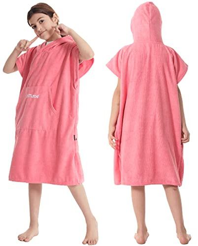 Hiturbo Kids Changing Towel Robe,Hooded Poncho Bath Robe Surf Absorbent Swimming Bathrobe for Beach,Bathing,Surfing,Indoor & Outdoor Activities Pink