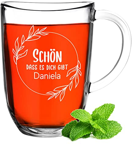 polar-effekt Leonardo Teeglas 380 ml mit Gravur Personalisierbar - Glasbecher für Kaffee und Tee - Henkel Thermoglas - hitzebeständig - Geburtstag Weihnachten - Geschenkidee für Kinder