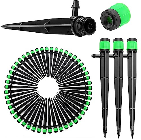 VooGenzek 50 Piezas Gotero de Riego, 360-Grado Aspersore de Riego Ajustables, Cabezas de Riego para Goteo Goteros con Conectore de Púas & Estaca Microtubo Piqueta, para Tubo 4/7 mm, Verde