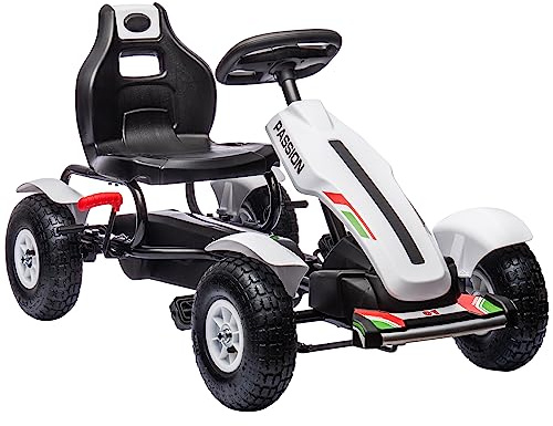 HOMCOM Go Kart per Bambini 5-12 Anni a Pedali in Plastica e Metallo con Sedile Regolabile, Freno a Mano e Retromarcia, 121x58x61 cm, Bianco e Nero