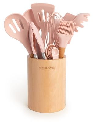CREATE/Küchenutensilienset Rosa und Holz / 11 Utensilien, Silikon und Buchenholz, BPA-frei, hitzebeständig bis 230°C