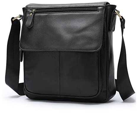 FANDARE Vintage Umhängetasche Leder Herren Herrentasche zum Umhängen Damen Schultertasche Echtes Leder Handgelenktasche Crossbody Bag Arbeitstasche Messenger Bags Geschenk für Männer Schwarz A