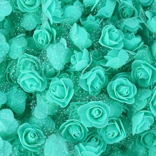 WRJLIN 200/100 Stück 2 cm große Schaumrosen mit Tüll-Mini-Kunstblumenkopf für Heimdekoration, DIY-Weihnachtskranz-Bastelarbeiten-blaugrüne Rosenblüte-100 Stück
