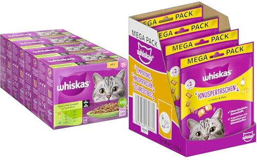 Whiskas Senior 7+ Nassfutter Gemischte Auswahl in Sauce, 48x85g, für Katzen ab 7 Jahren + Whiskas Crispy Bags Katzensnacks Huhn & Käse, 4x180g