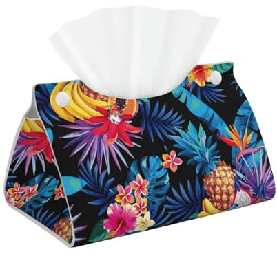 Tropical Fruits Palm Leaves and Flowers Pattern Tissue Box Cover, PVC Leather Tissue Box Holder Napkins Box Covers for Home/Office/Car Decoration