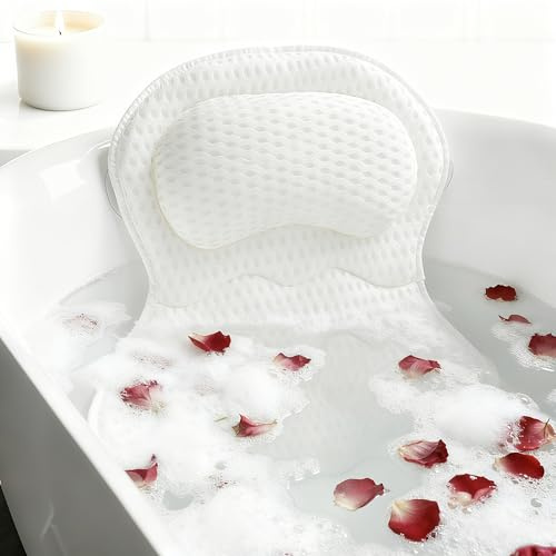 Joeyset Bath Pillows for Tub Luxury, Bath Pillow for Head and Neck, Fit Bathtub Hot Tub Relaxing Gifts for Women, Comfort 4D Air Mesh Fabric & 6 Non-Slip Suction Cups (White)