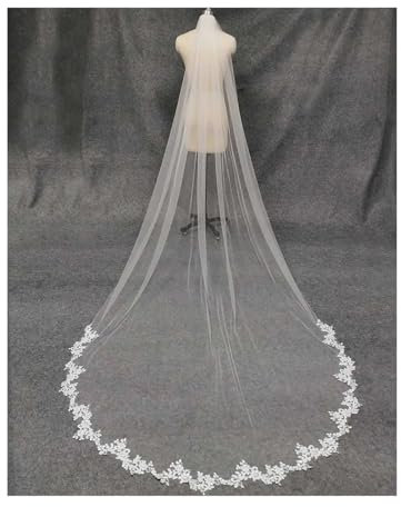 MZPOZB Hochzeit Schleier Spitzenapplikationen 3Meters lang 1,5M breit Brautschleier mit Kamm Eine Schicht Weiß Elfenbein Weicher Tüll Brautschleier Hochzeitszubehör Hochzeit Brautschleier(Ivory)