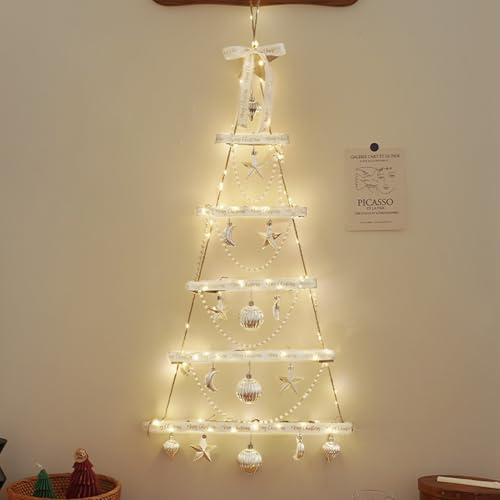 Árbol de Navidad de Pared Iluminado, Decoración de Navidad para Pared, Escalera de Árbol de Navidad con Estrella, Madera, Sala de Estar
