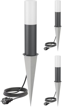 ledscom.de 3x Wegelicht/Pollerleuchte GROPO mit Erdspieß und 2m Kabel für außen mit Premium Echtglashaube – UV-beständig, kein Vergilben, IP44, 41 cm, anthrazit, 1x E27 max. 40W