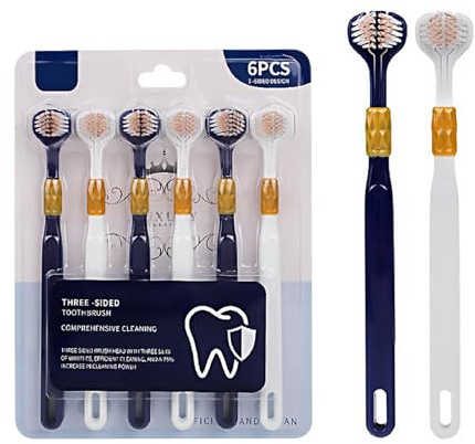 Laralily Dreiseitige Zahnbürste Weich 6er Pack, Reisezahnbürste für Erwachsene und Kinder, Sanfte Reinigung mit Zungenseite, Blau/Weiß