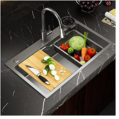 GAOXIONG Évier de Cuisine à Une cuve, encastré sur Le Dessus ou sous Le Dessus, kit d'évier de Poste de Travail de Ferme en Acier Inoxydable avec Robinet, lavabo dans Le Bassin, passoire, Lave-Tasse