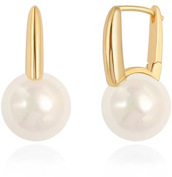 KOOUNUATA Anillo de oro de 18k seleccionado a mano Perlas de Concha redonda blanca pendientes de dama minimalistas imitación de perlas pendientes