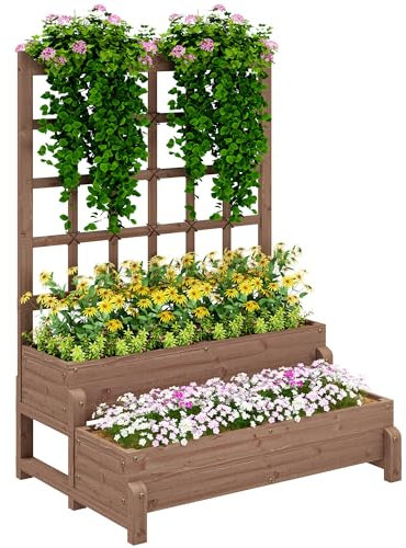 Outsunny - Vaso da giardino rialzato a 2 livelli con traliccio, cassetta di legno rialzata con fori di drenaggio, fioriera rialzata da esterno per piante rampicanti, frutta, verdura, fiori, Marrone