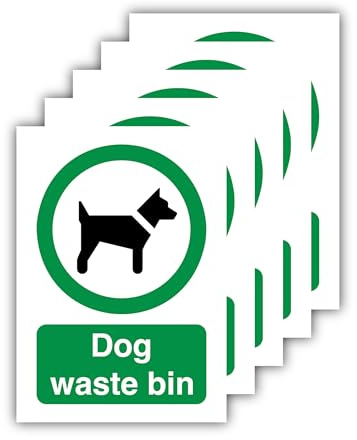 105mm x 148mm Pack of 5 Dog Waste Bin Signs – Self Adhesive Polypropylene Glossy-Laminated A6 Dog Waste Warning Stickers for Outdoor Bins