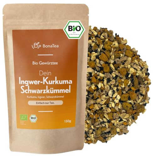 BIO Ingwer Kurkuma Schwarzkümmel Tee – Hochwertiger loser Gewürztee | inspiriert von ayurvedischer Tradition, 150g