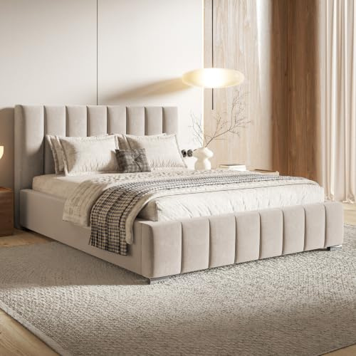MOTIVENA Vigo Bett 180x200 Beige Samt, mit Stauraum, mit Kopfteil, mit Lattenrost, mit Füßen, ohne Matratze, Polsterbett 180x200 mit Bettkasten Beige (Creme)