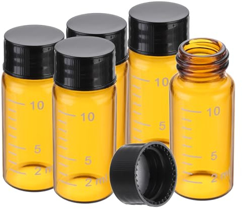 PATIKIL Small Glass Sample Bottles with Lids, 5 Pcs 10ml Amber Glass Vials with Black Screw Caps Mini Leak Proof Reagent Sealed Bottles with Scale for Solid Liquid Powder Storage