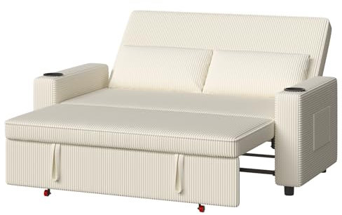 Devoko Sofa mit Schlaffunktion, Schlafcouch Ausziehbar mit Verstellbarer Rückenlehne, Schlafsofa Klein Klappsofa Sofa 2 Sitzer für Wohnzimmer & Schlafzimmer, Beige