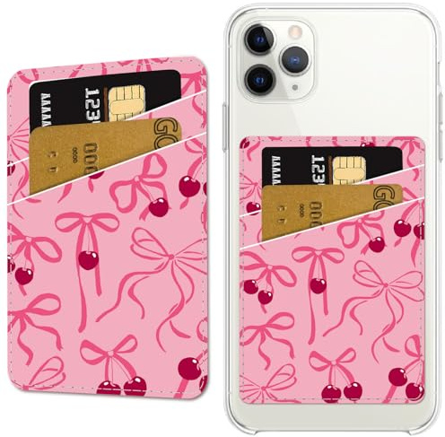 CREATCABIN Bowknot Phone Card Holder Leather Cell Phone Wallet Stick on Adhesive Credit Card Holder Slim Double Pocket Sticker for Back of Phone Case Compatible with Most Phones 3.7 x 2.5 Inch
