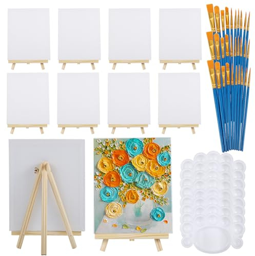 54 Stück Mini Leinwand mit Staffelei Set inkl 20 x 25 cm Leinwandtafeln, Holz Staffelei, Pinsel und Farbtabletts für Kinder, Malset für Acryl, Öl- und Aquarellfarben,Kunst Leinwand Malerei Kit