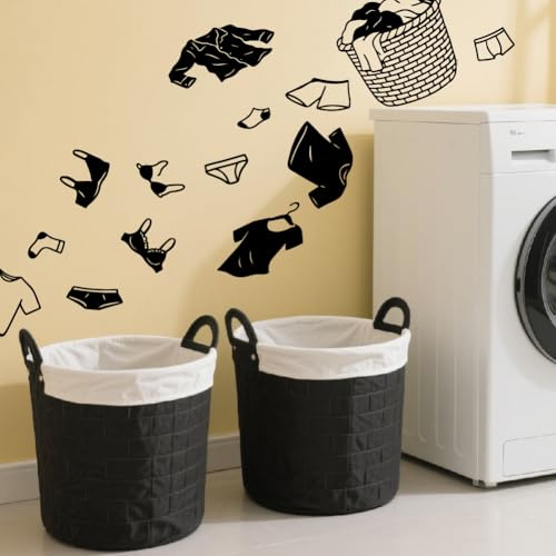 SUPERDANT 2 pegatinas de pared para lavandería, cesta de lavandería, vinilo, adhesivo de pared, color negro, cesta de ropa sucia, paredes artificiales, tendedero, bricolaje, puerta, lavadora