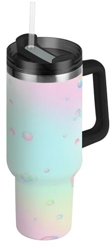 RPLIFE Vaso con asa, botella de agua aislada de acero inoxidable con popote para hombres y mujeres, viajes, burbujas de color pastel