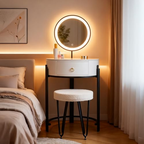 SHARPDO Tavolo da toeletta con specchio LED, Bianco sinterizzato PU, con cassetti e tabouret, per camera da letto, design moderno