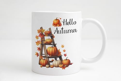 Groovy crea Mug Hello Autumn – Tasse automne citrouilles & feuilles – Tasse cocooning café thé chocolat chaud – Cadeau cosy femme homme