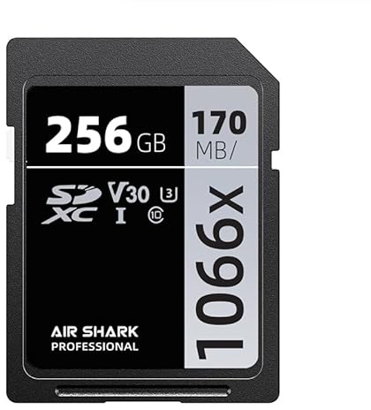 Air Shark - Tarjeta de memoria SDXC profesional, 256 GB, V30 clase 10, velocidad de transferencia de 170 MB/s