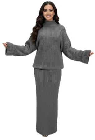 Damen 2 Stück Strick Coord Set - High Neck Sweater mit Umgeschlagenen weiten Ärmeln und passendem Maxirock - Soft Knit Loungewear Outfit für Winter