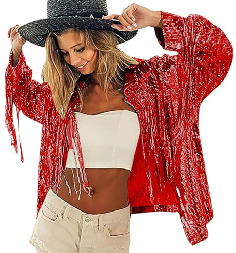 Generisch Veste tendance pour femme avec franges élégantes et paillettes scintillantes dans un style disco tendance et country pour les occasions festives, mode mariée, rouge, taille unique