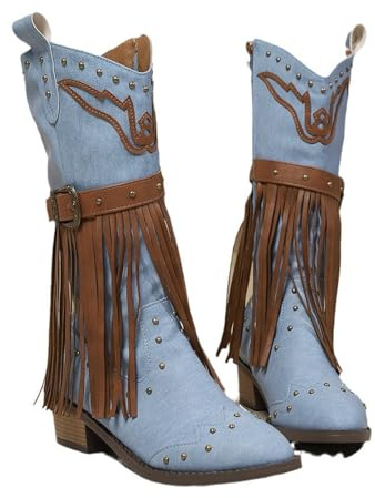 Bottes basses pour femme avec talon, bottes de cowboy pour femme avec franges, bottes de chevalier tendance avec fermeture éclair latérale, bottes de trekking, bottes de transition, bleu, 37 EU
