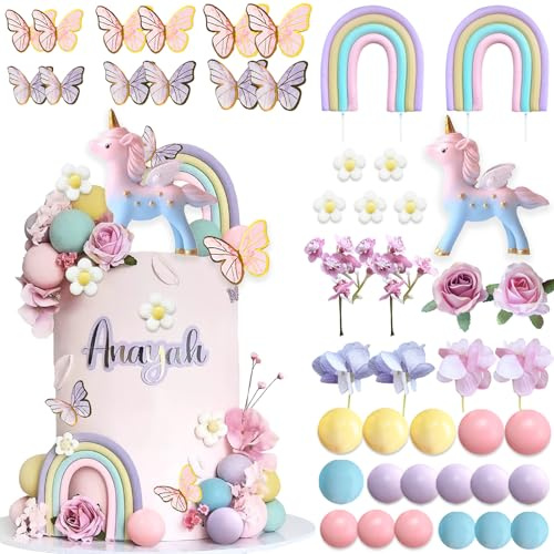 CharmeFleur 55 Stück Einhorn Torten Deko Regenbogen Einhorn Blumen Torten Dekoration Mit Perlen Kugeln Schmetterlinge Torten Topper Für Mädchen Kinder Frauen
