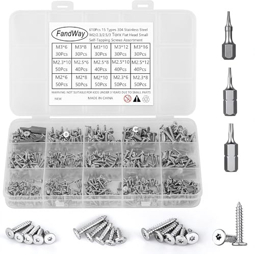 610 Pièces Vis Autotaraudeuses Tête Fraisée Torx,M2 M2,3 M2,5 M3 Petites Vis à Bois Tête Plate Acier Inox 304,Mini Tôle Autoperceuses Fileté Avec T5 T6 T8 Bit.Pour Meubles Métal Doux Plastique.