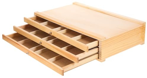 iplusmile Wooden Multi-Layer Art Storage Box with Three Drawers for Paintbrush and Pen Organization, Portable Sketch and Drawing Case for Students and Outdoor Painting