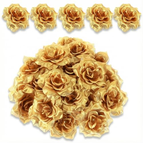 Xinjoduz 36 STK Gold Künstliche Rosen 5.5cm Glitzer Rose Künstlich Blütenköpfe Funkeln Kunstblumen Rosenköpfe Stoffrosen Deko Blüte Seide Blumen Köpfe Zum Basteln Hochzeit Haus Garten Deko Tischdeko
